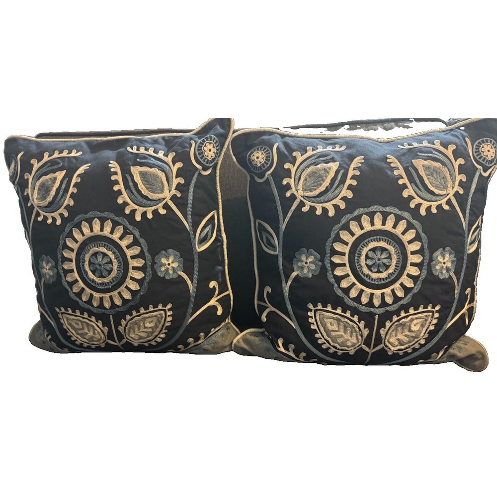 Vintage Pier 1 Blue Beige Embroidered Floral Square Throw Pillows Piped Edges